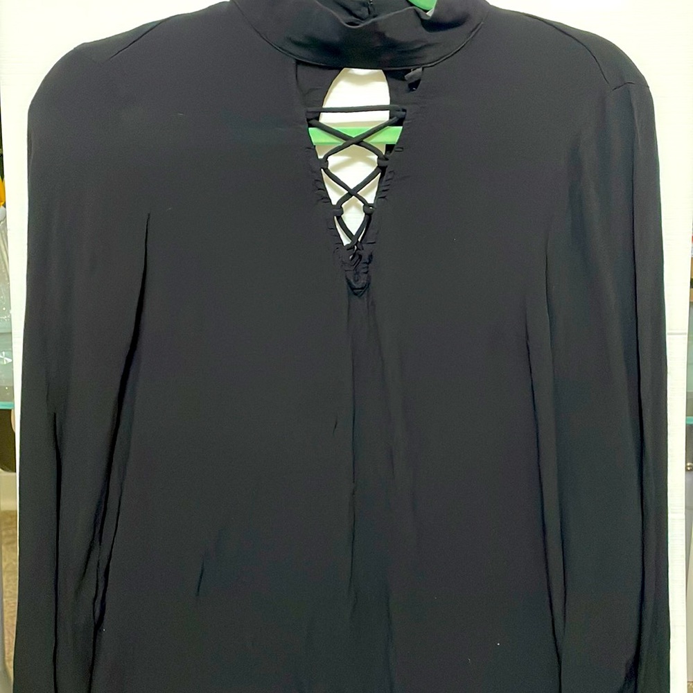 Black, long sleeve, V-neck blouse. Formal casual.
